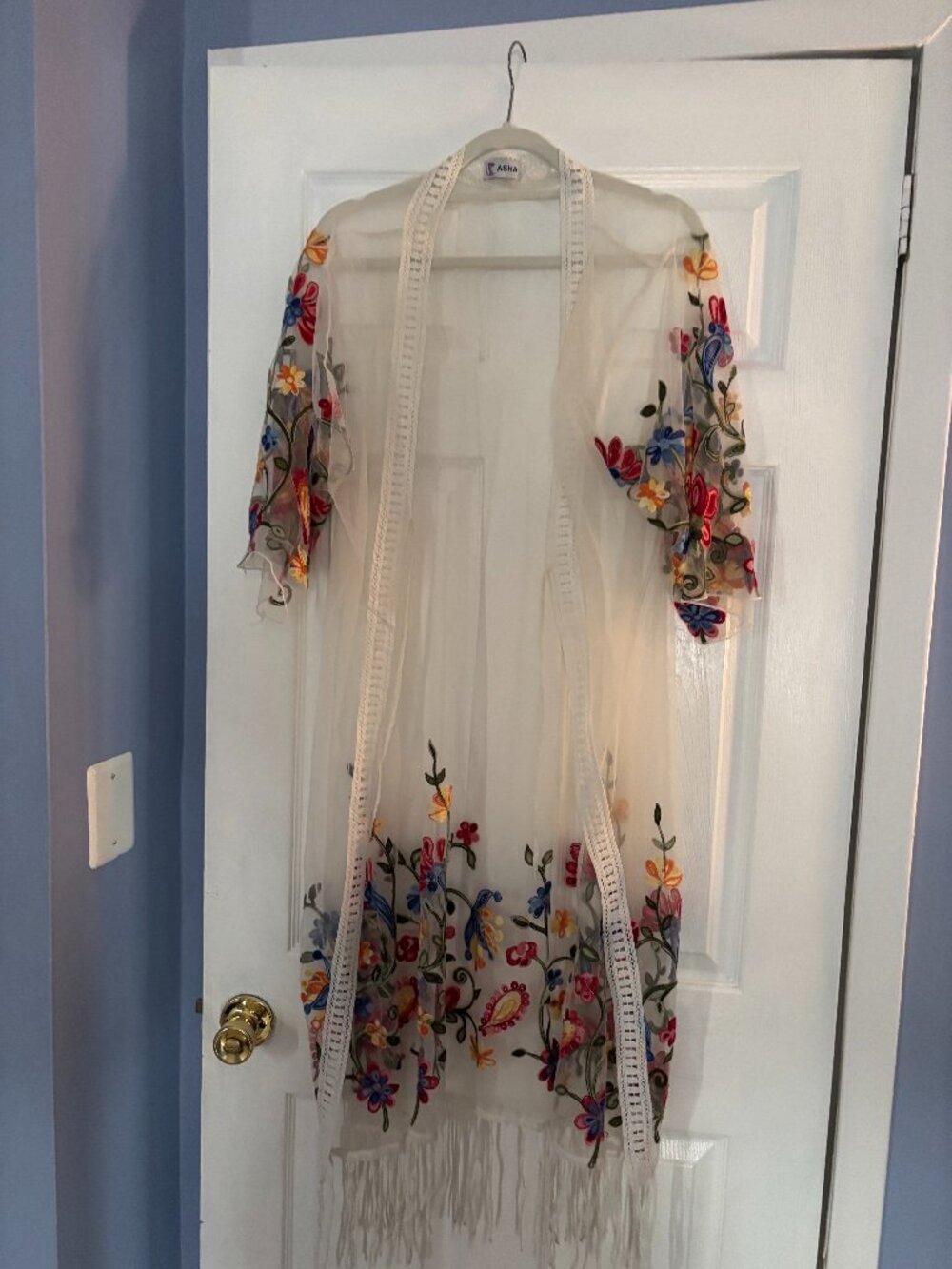 Asha Tulle Sheer embroidered fringe tie front midi kimono